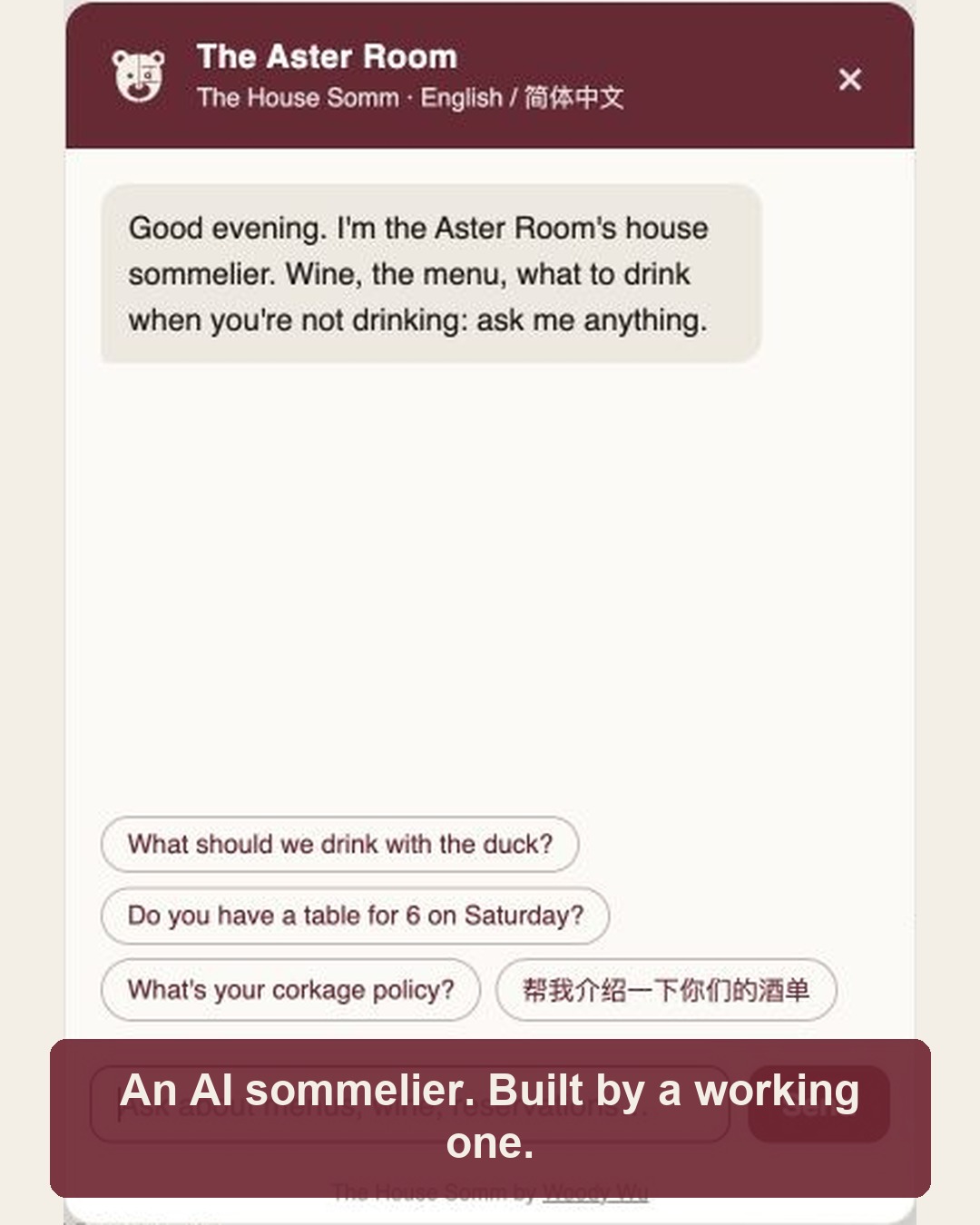 The House Somm demonstration showing its restaurant chat interface